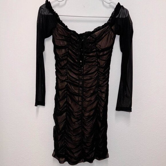 Fashion Nova black mesh mini dress with long sleeves, rushed bodice, and lace up - Picture 4 of 4